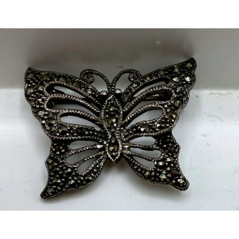 Vintage 925 Sterling Silver Marcasite Butterfly Brooch Pin Art Deco Style 5.68g